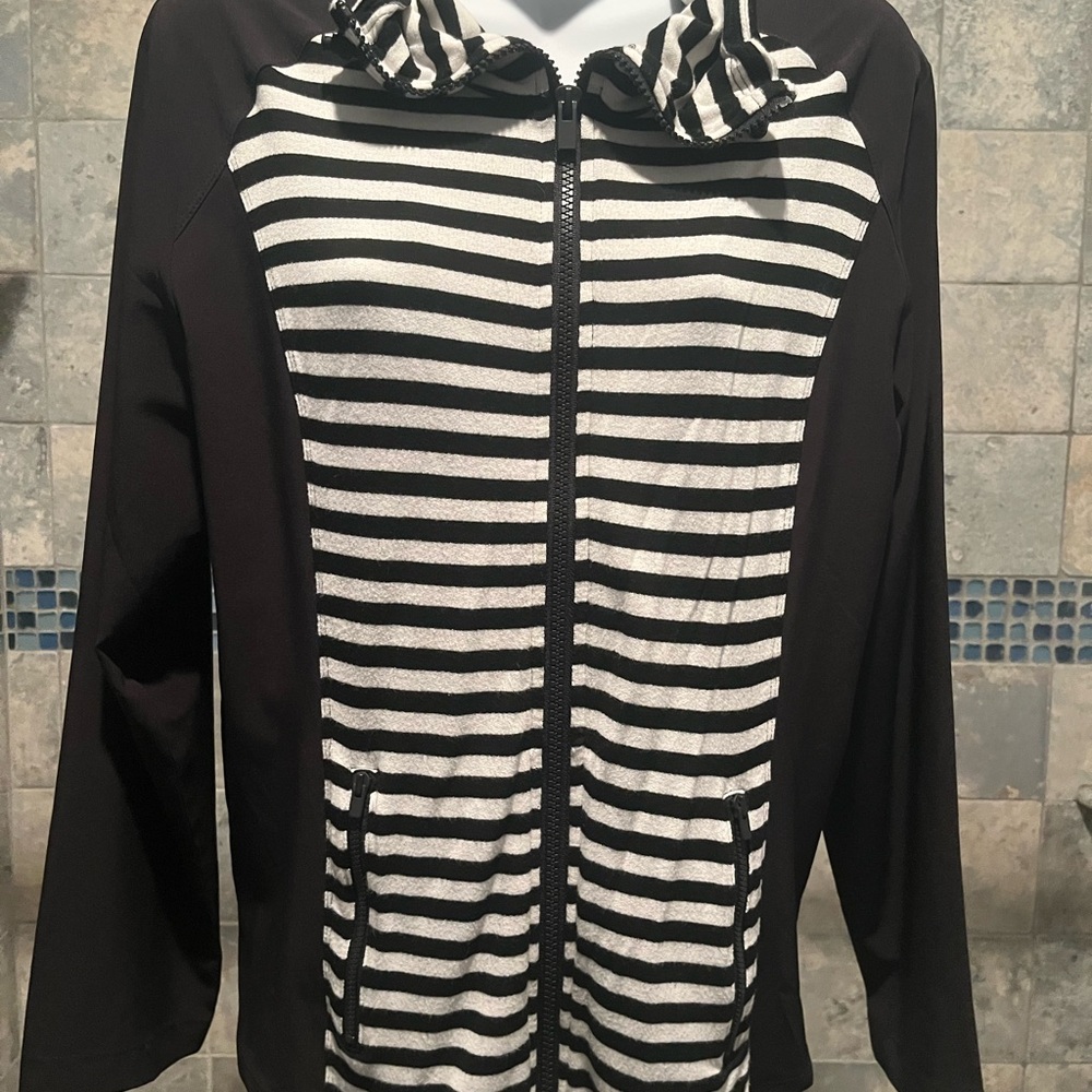 Chico's Striped Bomber Jacket Black and White Casual Style